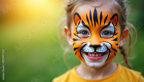 Happy child with tiger face painting smiles in park. Young girl wears yellow tshirt with painted tiger makeup. Kid enjoys holiday in jungle summer amusement park event.
