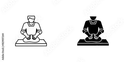 Baker kneading dough icon set, outline and glyph style, for cooking and food preparation, isolated on