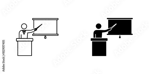 Speaker at podium pointing to screen icon, outline and solid versions, isolated on