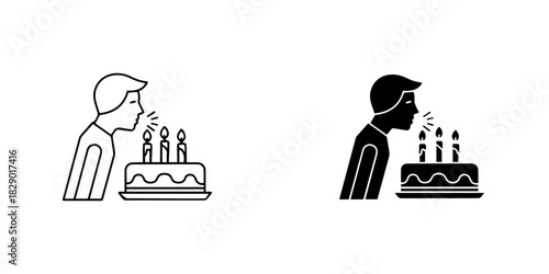 Birthday celebration icon set person blowing out candles on a cake, outline and glyph style