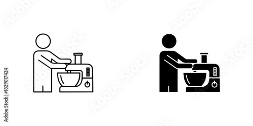 Person using a stand mixer or food processor icon set, outline and solid black versions, isolated on