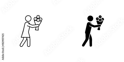 Stick figures offering bouquets of flowers, presented in both outline and solid black icon styles
