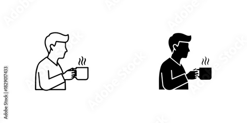 Man holding a steaming cup of coffee or tea, outline and silhouette icon set, isolated on