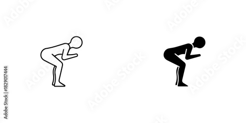 Two stick figures depicting a bentover or squatting posture, one as an outline and the other as a silhouette, isolated on