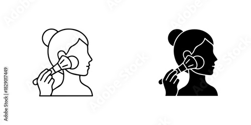 Woman applying makeup with a brush, beauty routine and cosmetic application icon set
