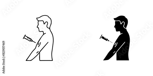 Outline and solid black silhouette icons of a person receiving an injection in the arm, isolated on