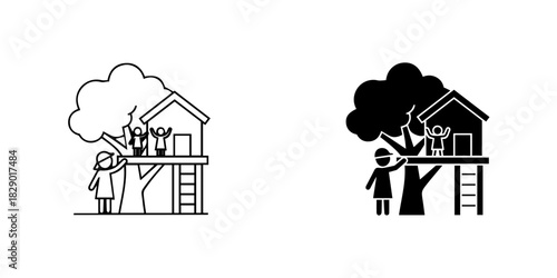 Children playing in a treehouse, a graphic icon illustrating childhood fun and outdoor adventures