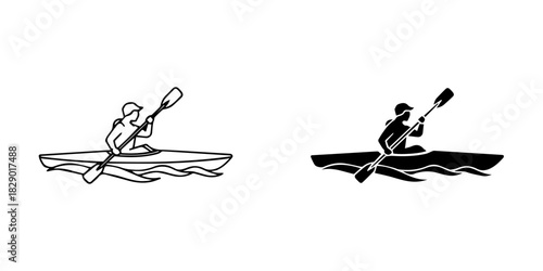 Person kayaking in a boat with a paddle, depicted as both an outline and a silhouette illustration