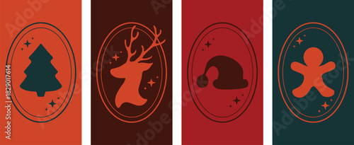 Christmas Reindeer Concept, Santa Hat Holiday Elements, Gingerbread Cookie and Christmas Tree, Festive Wallpaper Vector, Phone Wallpaper, Vector Illustration, Modern Seasonal Design, Trendy Background