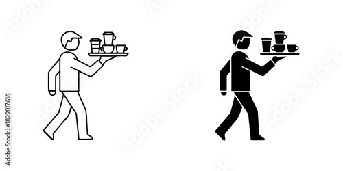Person carrying a tray with drinks, outline and silhouette icons, isolated on