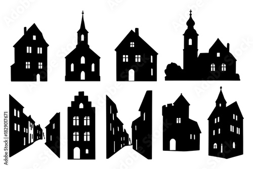 Silhouette collection of historic european architecture: churches and houses.
