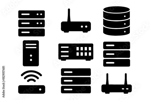 Network and server icons set: router, database, signal, devices.