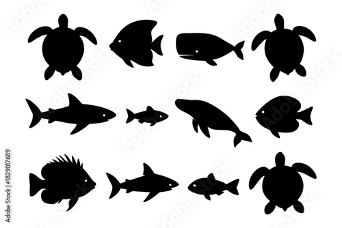 Silhouettes of sea creatures: turtles, sharks, and fish on white background.