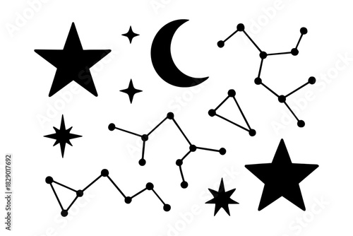 Celestial symbols: stars, moon, and constellations in black and white design.