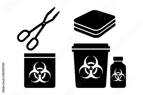 Medical equipment icons: scissors, biohazard containers, bandages, medicine bottle.
