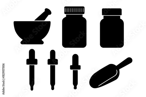 Silhouette of pharmacy tools: mortar, bottles, droppers, and spatula.