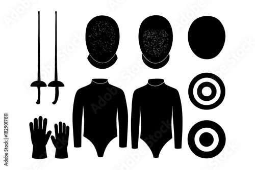 Fencing gear set: masks, swords, suits, gloves, targets silhouette.