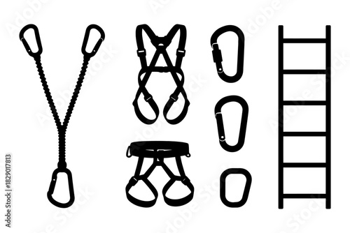 Silhouette of climbing gear: harness, carabiners, ladder, belay device.