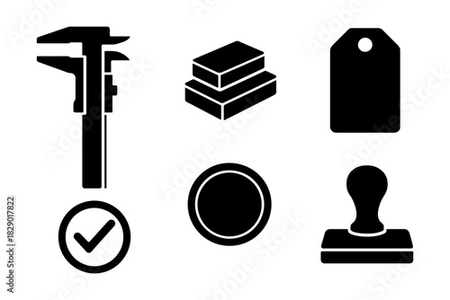 Industrial tool icons: caliper, metal, tag, check, circle, stamp.