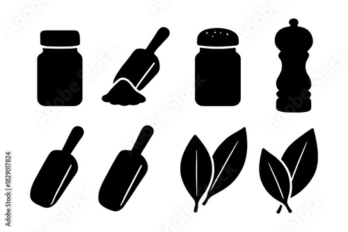 Collection of kitchen spice and herb silhouette icons.