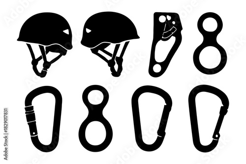 Silhouettes of climbing gear: helmets, carabiners, and safety hardware.