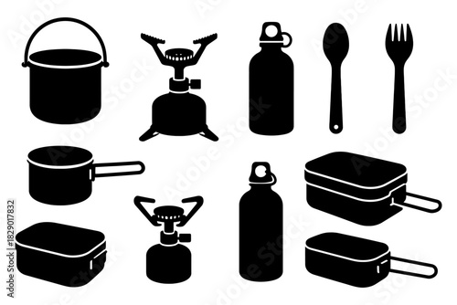 Essential silhouette camping gear: stove, cookware, utensils, bottles, box.