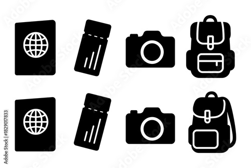 Travel essentials icons: passport, ticket, camera, backpack in black and white.