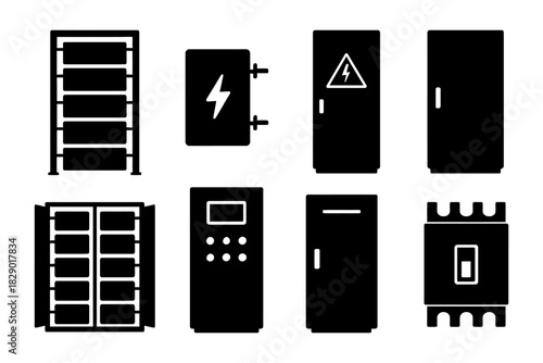 Set of electrical panel icons: circuit breakers and control cabinets.