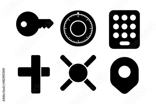 Security symbols collection including key, lock, and safe in black icons.