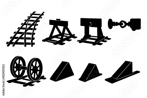 Silhouette of rail tracks and mechanical components.