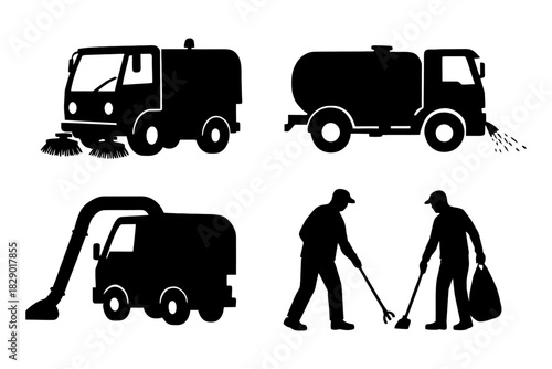 Silhouette of street cleaning vehicles and workers in action.