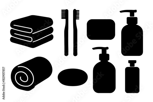Collection of bathroom essentials in black and white silhouette.