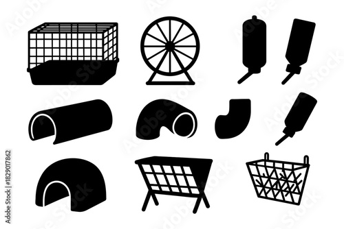 Hamster cage accessories: wheel, tube, hideout, water bottle silhouettes.