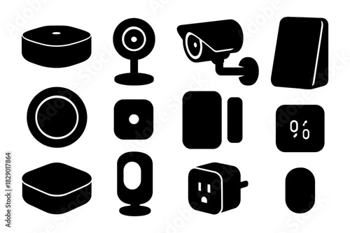 Smart home devices icon set featuring cameras, sensors, and plugs.