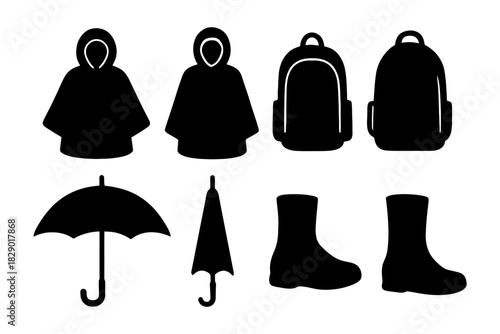 Silhouette icons of rain gear: ponchos, backpacks, umbrellas, and boots.