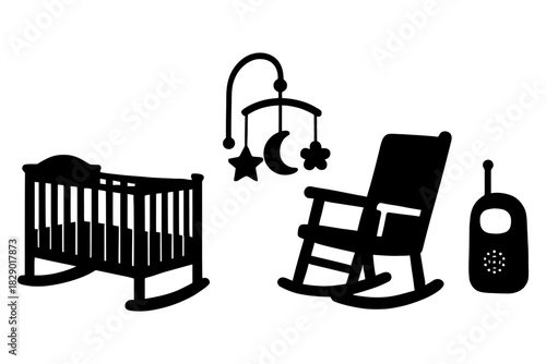 Silhouette of nursery furniture with rocking crib, chair, mobile, and baby monitor.