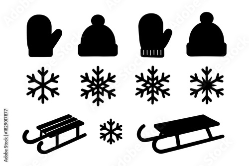 Winter icons: mittens, beanies, snowflakes, and sleds silhouette collection.