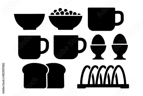 Silhouette icons of breakfast items with bowls, mugs, egg cups, toast, and a toast rack.