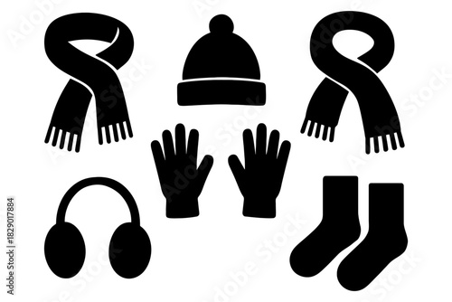 Winter clothing icons: scarf, hat, gloves, ear muffs, socks silhouettes.