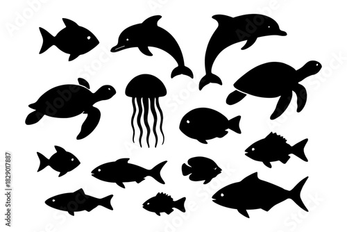 Silhouette collection of marine animals: dolphins, fish, turtles, jellyfish.