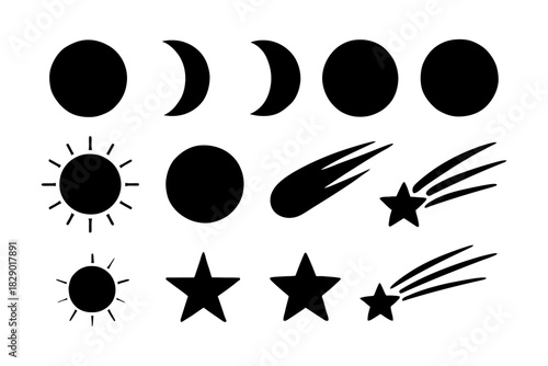 Celestial icons collection: sun, moon, stars, and comets silhouettes.