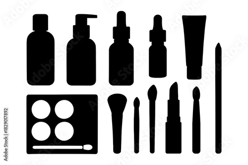 Silhouettes of makeup and skincare products with beauty tools.