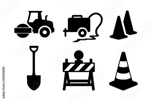 Set of construction icons: tractor, water tank, traffic cones, shovel, barrier.