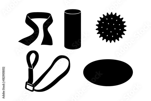 Silhouettes of yoga accessories: foam roller, strap, ball, balance pad, towel.