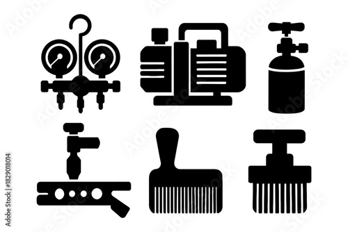 Set of industrial equipment icons: gauges, compressors, cylinders, valves, and tools.