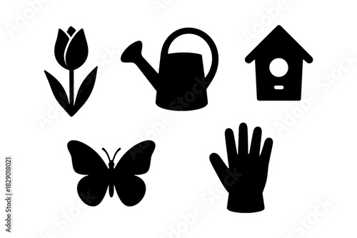 Gardening icons: tulip, watering can, birdhouse, butterfly, hand glove silhouettes.