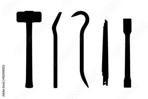 Silhouette of tools: hammer, crowbars, saw, chisel - construction and repair utility.