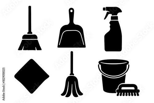 Cleaning tools silhouettes: broom, dustpan, spray bottle, mop, bucket, brush icons.