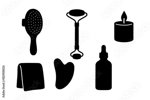 Silhouette of beauty tools: roller, brush, candle, towel, gua sha, bottle.