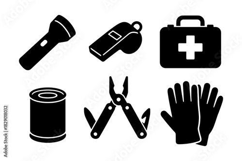 Essential emergency kit items: flashlight, first aid, whistle, gloves, tools, canned food.